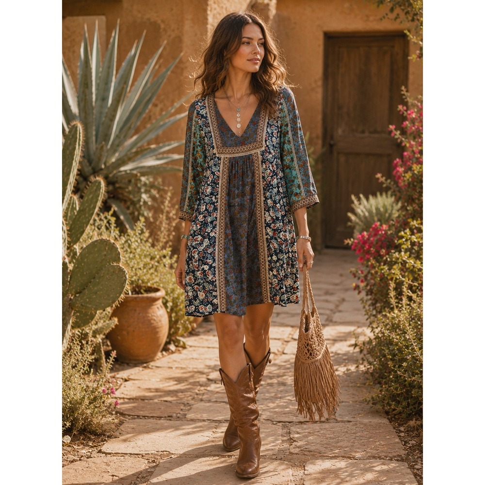 Sundance Sweet Whispers Floral Patchwork Mini‎ Dress Women S Boho Crochet V-Neck